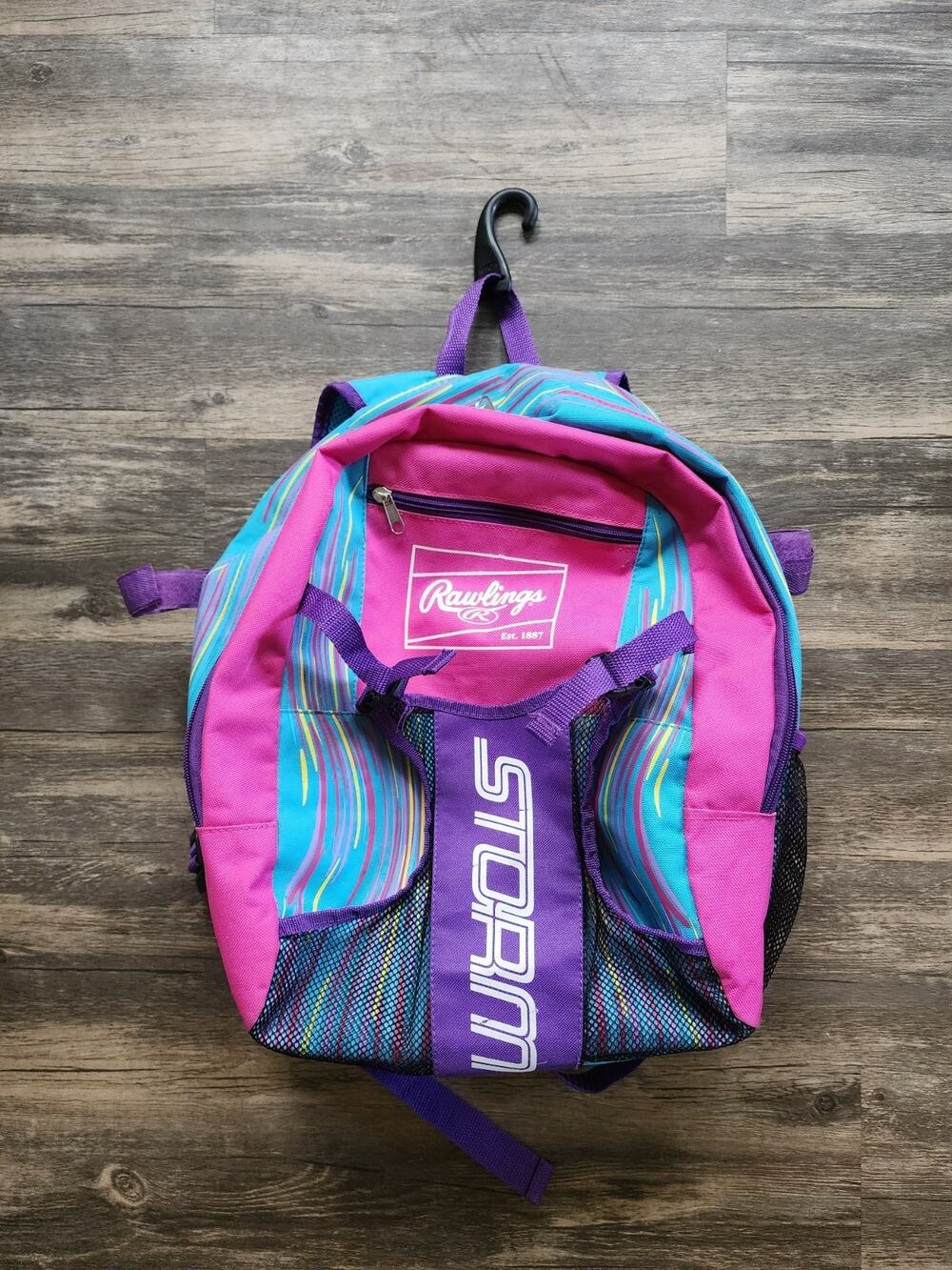Rawlings Pink Purple Storm T-Ball Softbal Backpack Side Pockets Zippered Pockets